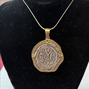 Gold-Tone Roman Coin Pendant Necklace with Rhinestone Halo - Vintage Style